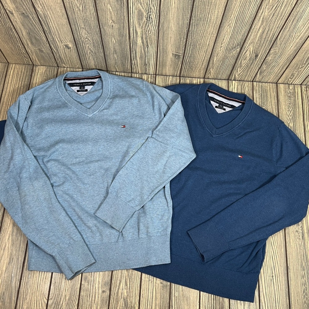Tommy Hilfiger Pima Cotton Men V Neck Sweater Classic Preppy Blue Sz M Lot 2